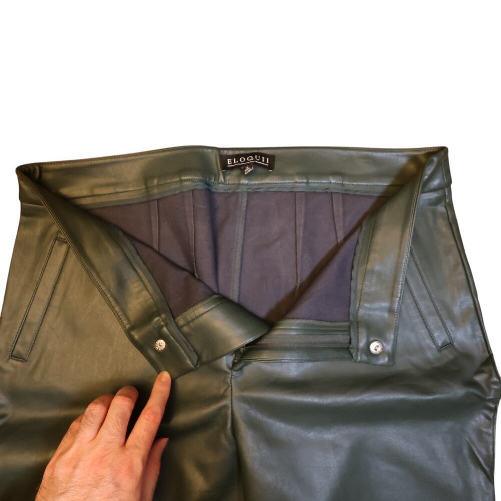 Elloquii Faux Leather Pants Green Fly Buttons High Waist Straight Size 14 NWT - Picture 12 of 16